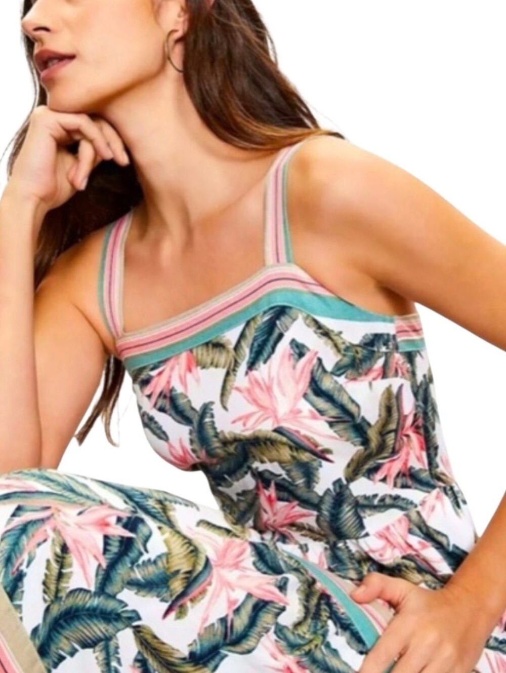 LOFT Pink & Green Tropical Floral Linen Blend Maxi Dress‎ Size  2